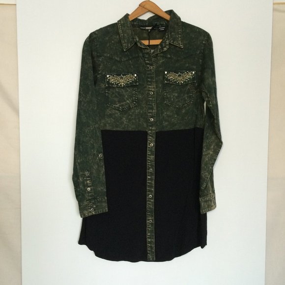 Miss Me Sheer Block Tunic Blouse Small Dye Black Rhinestones Long Sleeve NWT - Picture 1 of 7